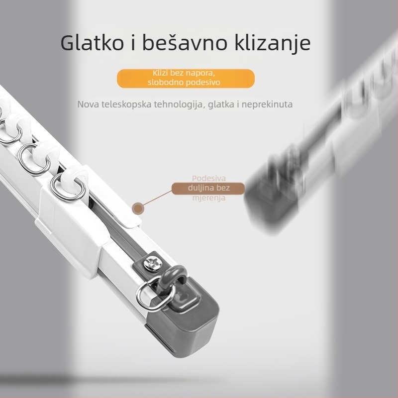 Aluminijska šina za zavjese s teleskopskom šipkom, tiha jednoručna šina, bočni ili gornji način ugradnje