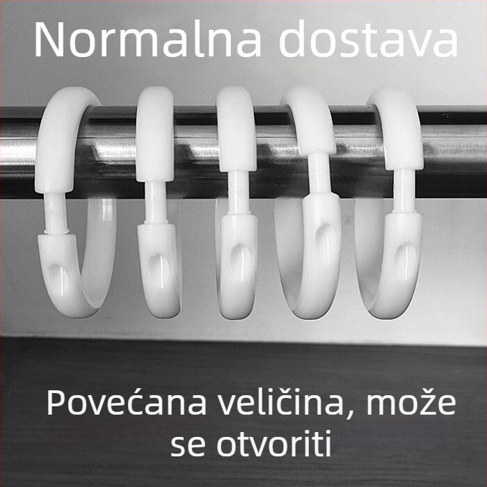 Debljeg plastičnog kružnog prstena za tuš zavjesu s proširenim otvorom i kukom za vješanje