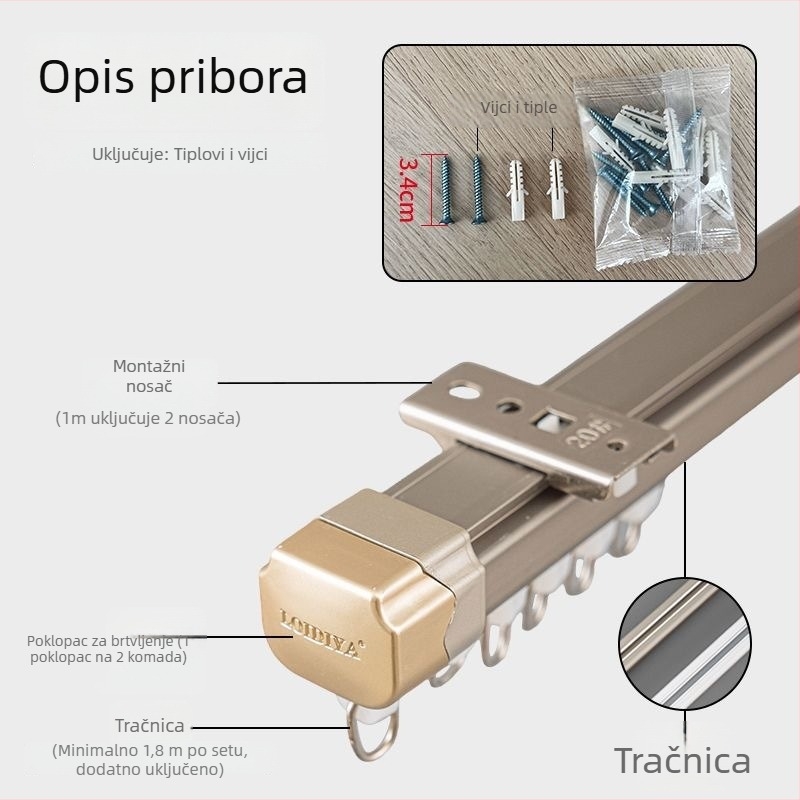 Nova tiha glatka tračnica za zavjese s križno‑pravim dizajnom, zaštita od propuštanja svjetla, otporna na hrđu aluminijska legura s nano kotačićima