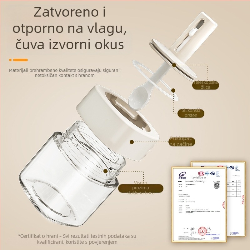 Staklena teleskopska posuda za začine s integriranom žličicom i poklopcem