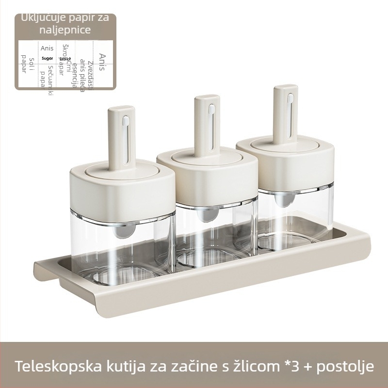 Staklena teleskopska posuda za začine s integriranom žličicom i poklopcem