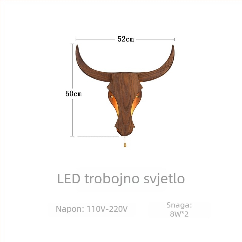 LED zidna lampa od masivnog drveta, novi kineski stil - kreativna zidna lampa s likom krave za hotel, restoran i dnevni boravak, drveni umjetnički dekor