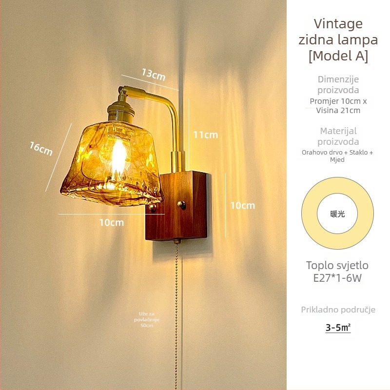 Stenska lampa od čitavog bakra sa staklenim abažurom za dnevni boravak, hodnik i spavaću sobu – francuski retro stil ambijentalnog osvjetljenja