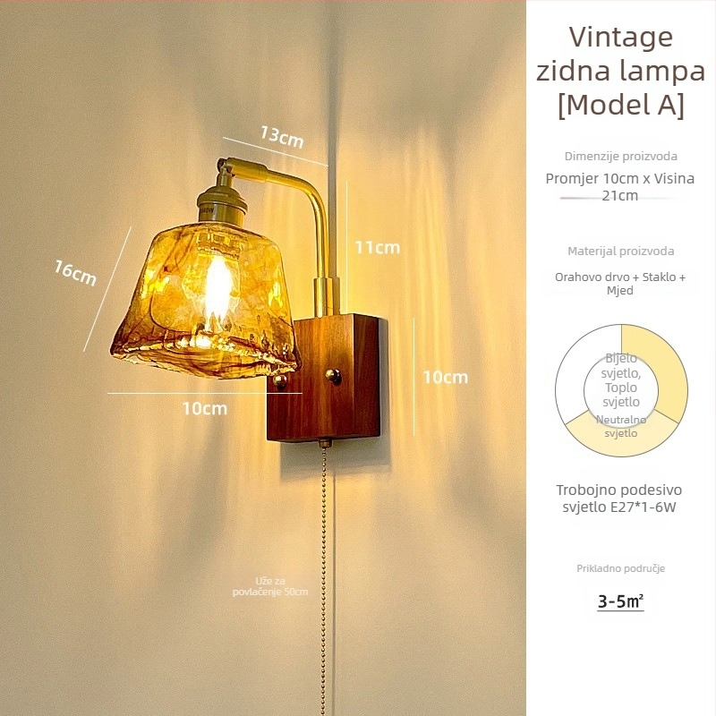 Stenska lampa od čitavog bakra sa staklenim abažurom za dnevni boravak, hodnik i spavaću sobu – francuski retro stil ambijentalnog osvjetljenja