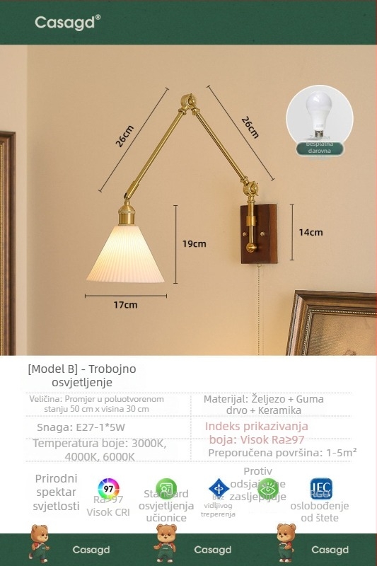 Casa vintage zidna svjetiljka za spavaću sobu, francuski retro wabi-sabi stil, s ljuljačkim i izvučnim ramom, ambijentalno osvjetljenje za dnevnu sobu