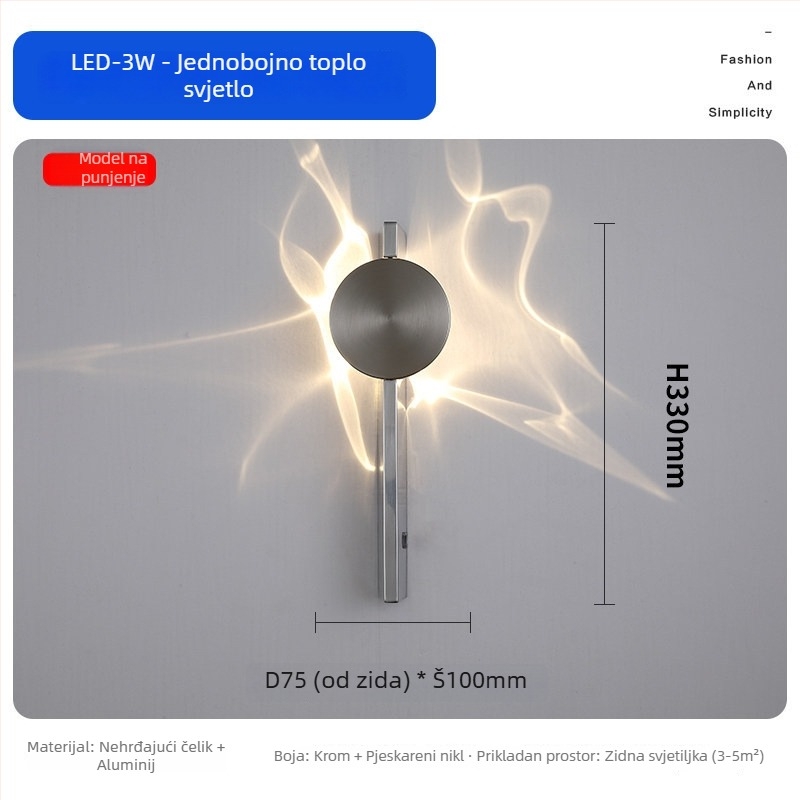 Punjavajuća talijanska minimalistička dizajnerska stenska lampa s učinkom svjetla i sjene, pogodna za dnevni boravak ili spavaću sobu.