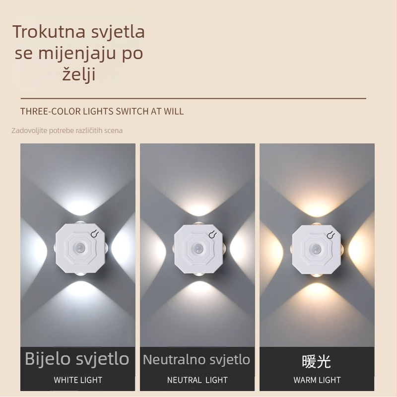 Zidna LED svjetiljka s detekcijom pokreta, dizajn s četiri oka, trobojno ambijentalno osvjetljenje, za hodnik i spavaću sobu