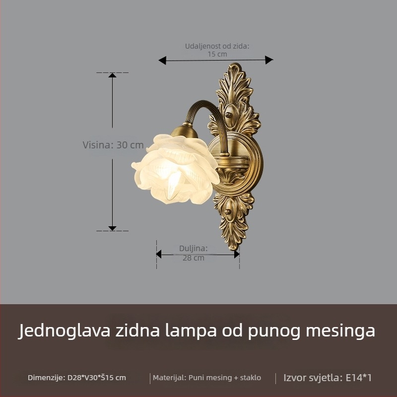 Američka vintage bakrena zidna lampa s staklenim sjenilom, europski stil za dnevni boravak i hodnik