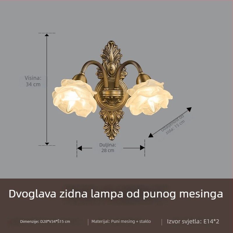 Američka vintage bakrena zidna lampa s staklenim sjenilom, europski stil za dnevni boravak i hodnik