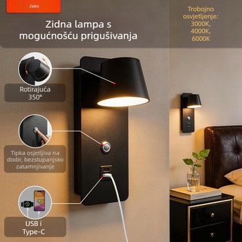 Punjiva zidna lampa uz kreveta, nordijskog stila, LED, rotirajuća i prilagodljiva, ambijentalno osvjetljenje spavaće sobe.