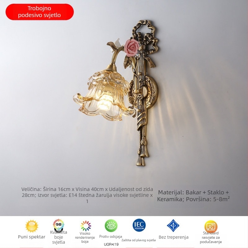 Stenska lampa od cijelog bakra, francuski seoski stil, retro romantičan keramički cvijet, za dnevni boravak, blagovaonu ili spavaću sobu