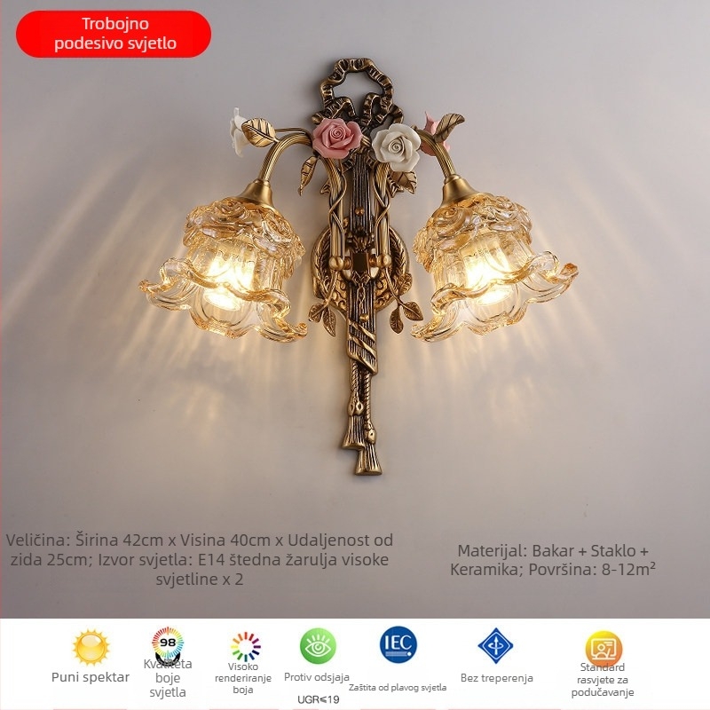 Stenska lampa od cijelog bakra, francuski seoski stil, retro romantičan keramički cvijet, za dnevni boravak, blagovaonu ili spavaću sobu