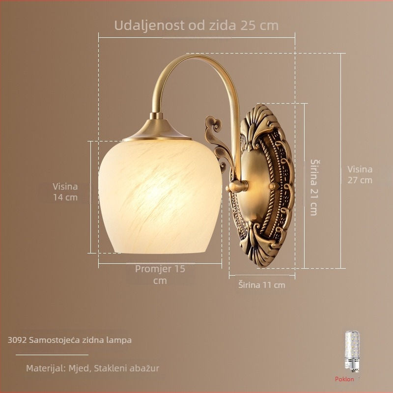 Bakreno cijeli zidni svjetiljka u američkom retro stilu s kristalnim abažurom, za spavaću sobu, noćnu lampu, za stepenice i hodnik, francuski stil luksuza za dnevni boravak