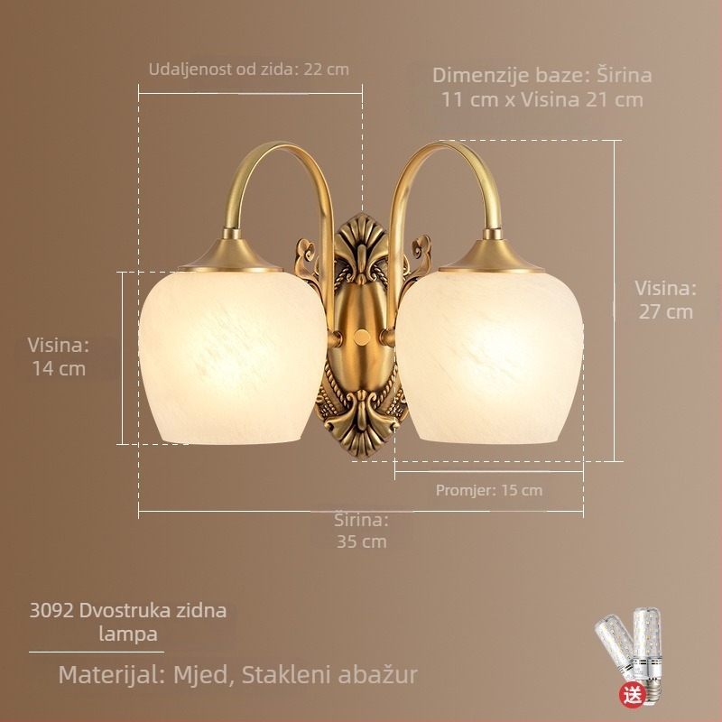 Bakreno cijeli zidni svjetiljka u američkom retro stilu s kristalnim abažurom, za spavaću sobu, noćnu lampu, za stepenice i hodnik, francuski stil luksuza za dnevni boravak