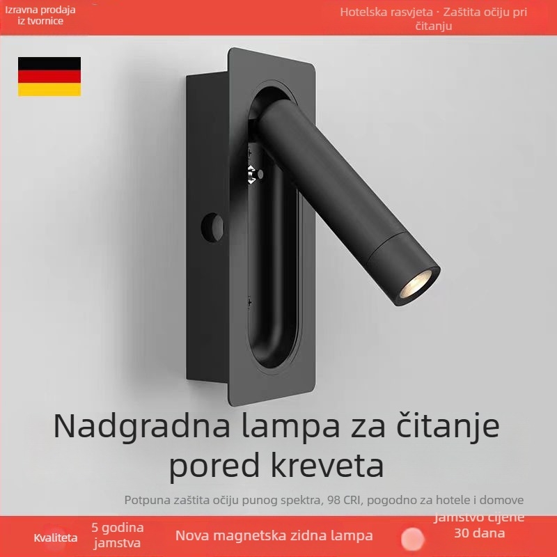 Ugrađena LED zidna svjetiljka, aluminij, moderno minimalistički stil, okretna glava za čitanje uz krevet, dekorativna