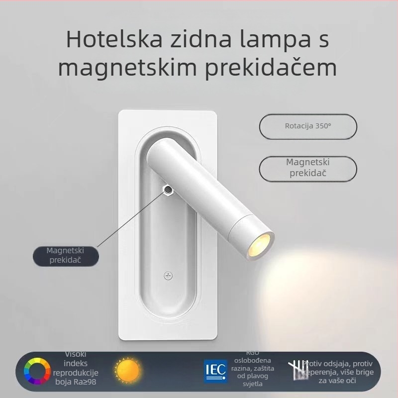 Ugrađena LED zidna svjetiljka, aluminij, moderno minimalistički stil, okretna glava za čitanje uz krevet, dekorativna