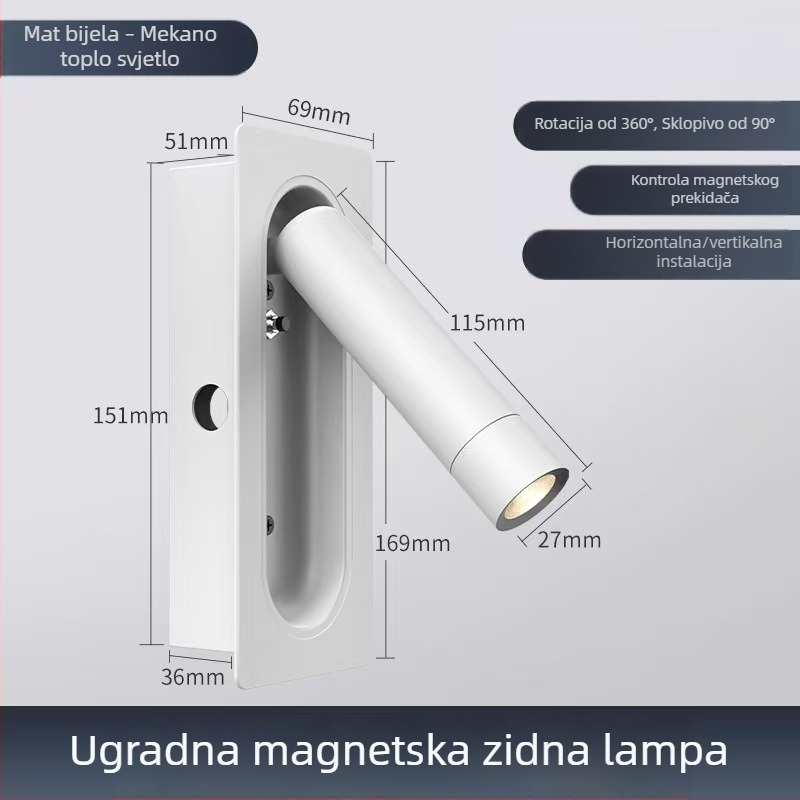 Ugrađena LED zidna svjetiljka, aluminij, moderno minimalistički stil, okretna glava za čitanje uz krevet, dekorativna