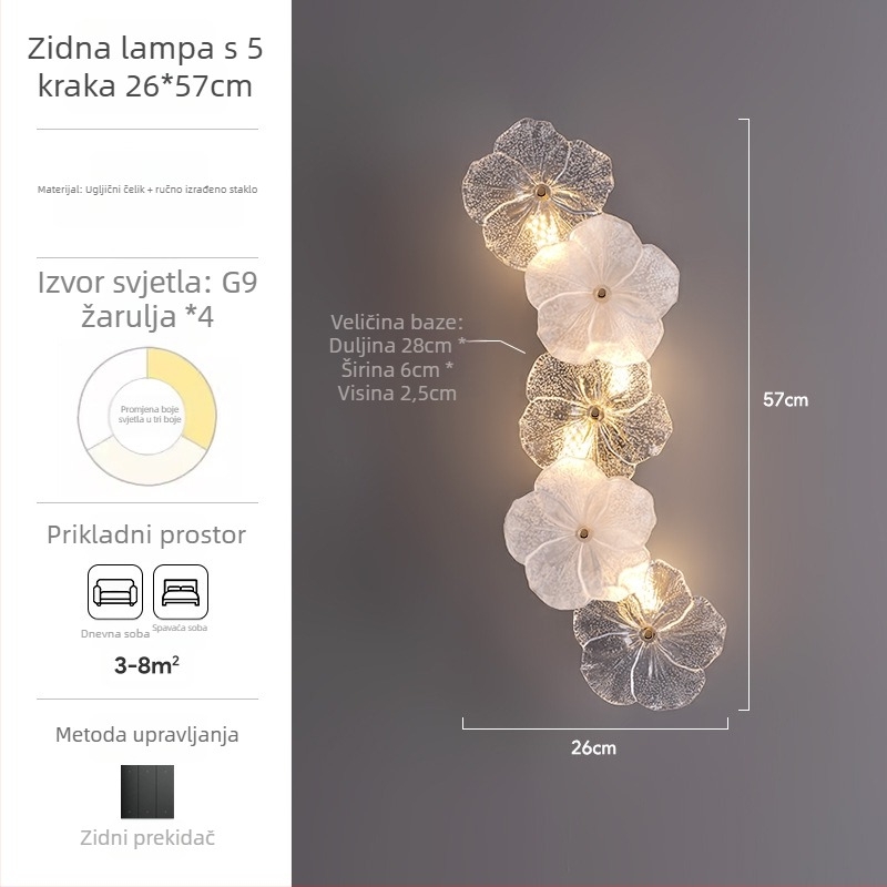 Zidna lampa u francuskom stilu luksuza s dizajnom od stakla u obliku cvijeta – za dnevni boravak, moderni minimalistički dizajn, zidna montaža