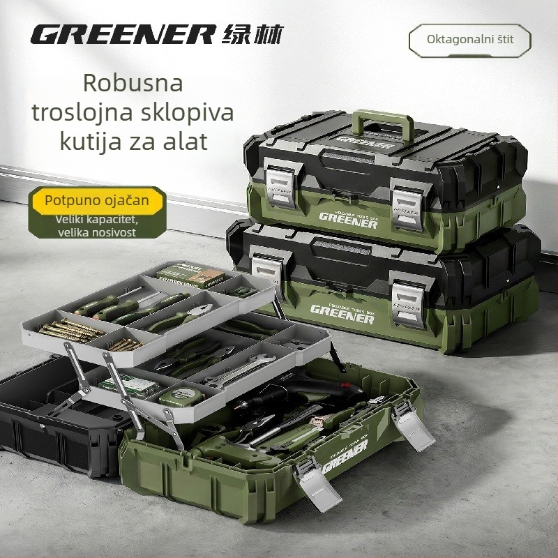 Greener industrijska trodijelna sklopiva kutija alata, velika zapremina, teška, otporna na padove, višenamjenska kutija za električare i vodoinstalatera