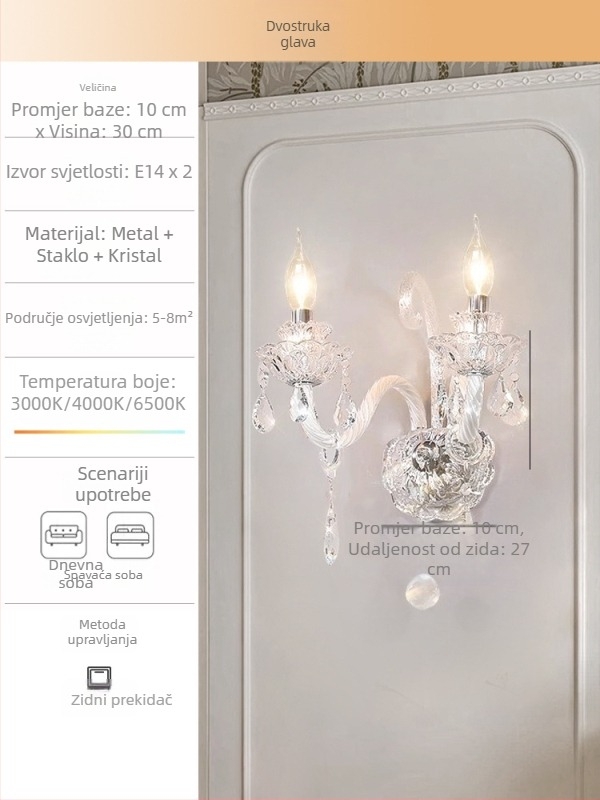 Kristalna zidna lampa u francuskom stilu za spavaću sobu, moderna minimalistička luksuzna zidna svjetiljka za dnevnu sobu