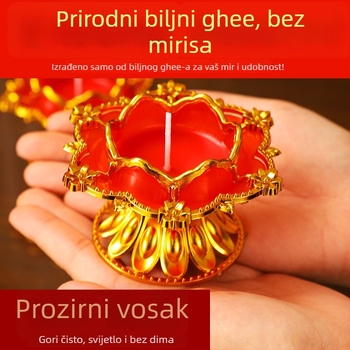 Zlatno obrubljena lotosova kristalna svijeća za Buda, otporna na vjetar, bezdimna maslena lampa za kućno obožavanje; crvena svijeća za useljenje, budistička dvorana
