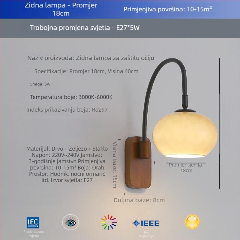 Noćna zidna svjetiljka od masivnog drveta, retro francusko-nordijski stil, stakleni zidni dekor, osvjetljenje s punim spektrom, pametno upravljanje