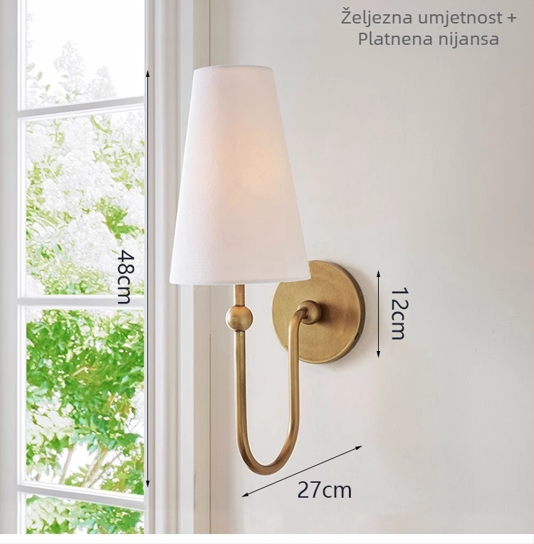 Francuska retro mesingana zidna svjetiljka s lanenim abažurom, minimalistički dizajn, za spavaću sobu, dnevni boravak, hodnik, blagovaonicu i kafić