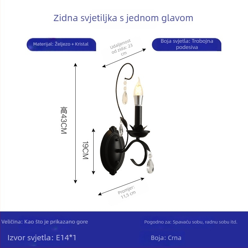 Crna američko-retro kristalna zidna lampa za dnevni boravak, hodnik, balkon i spavaću sobu