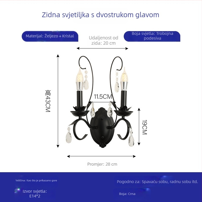 Crna američko-retro kristalna zidna lampa za dnevni boravak, hodnik, balkon i spavaću sobu