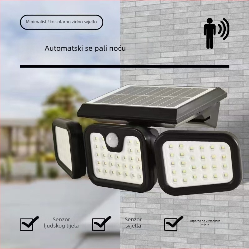 New Rise LED solarno zidno svjetlo s senzorom pokreta, troglava rotirajuća vanjska zidna svjetiljka, IP65 vodootporno