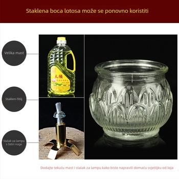 24-satna staklena lampica s ravnim otvorom, lampica od biljnog masla s motivom lotosa za budističko štovanje, dugotrajan plamen