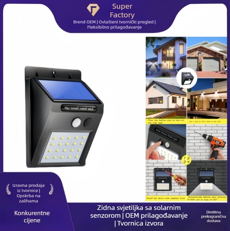 Solarna punjiva lampa s senzorom pokreta i LED-om s volframovim vlaknom za vanjsku zidnu rasvjetu, dvorište i vilu