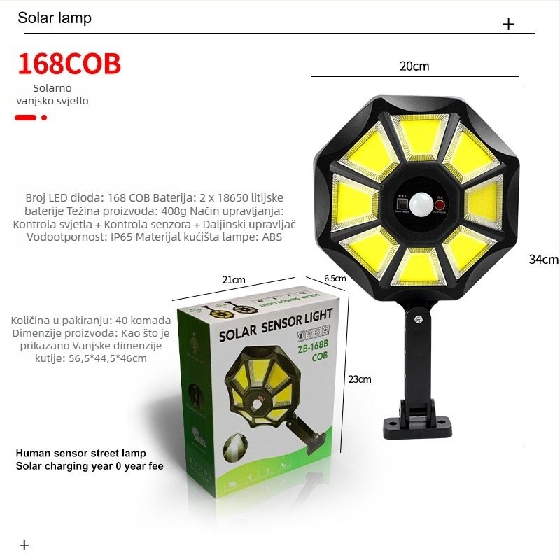 Solarna dvorna LED svjetiljka sa senzorom pokreta, vanjsko zidno svjetlo, IP65 vodootporna