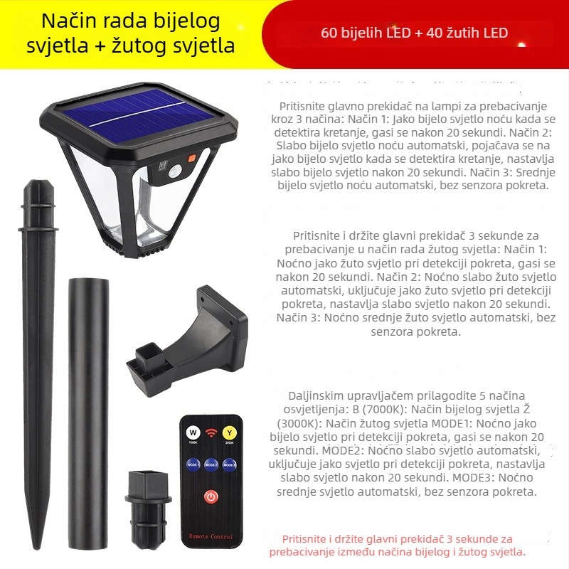 Solarna vanjska lampica za vrt s senzorom pokreta, IP55 LED rasvjeta za zid ili ugradnju u tlo, rasvjeta krajolika