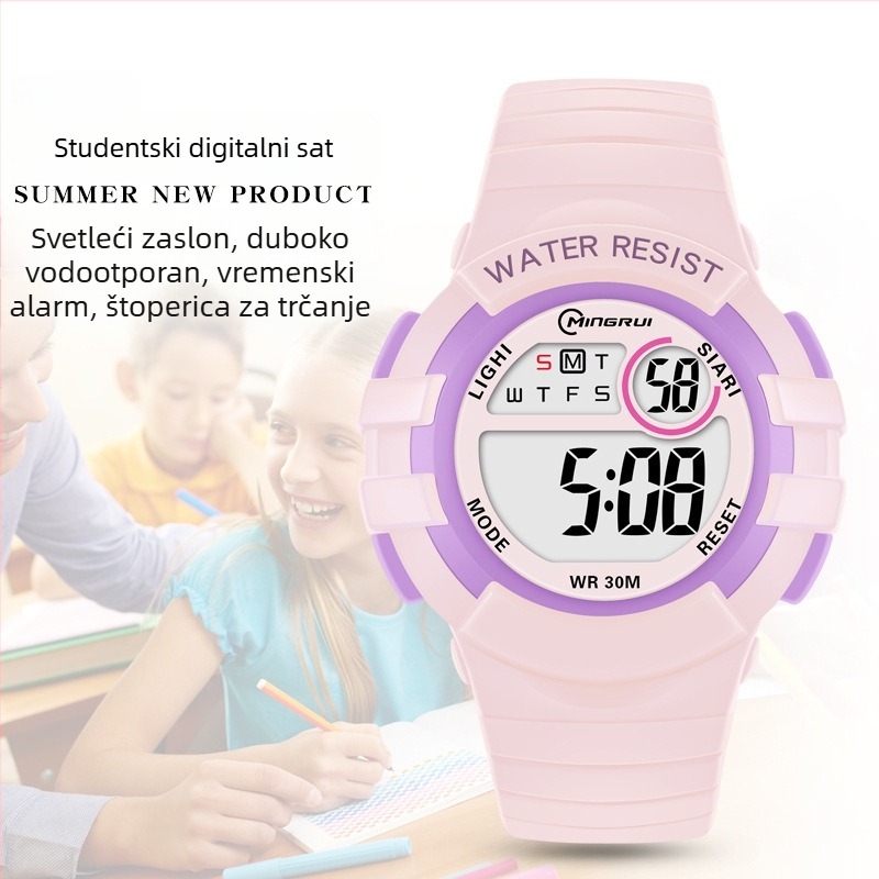 Mingrui šareni dječji sat s digitalnim prikazom, luminescentan, vodootporan do 30 m, elektronički mehanizam MR-8206
