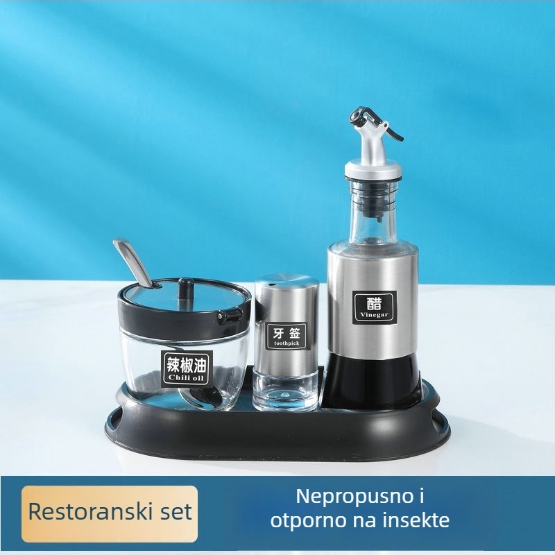 Set od nehrđajućeg čelika: posuda za ocat i stakeni za čili, kutije za začine i boca umaka soje — skandinavski stil, premium kuhinjski set za restoran
