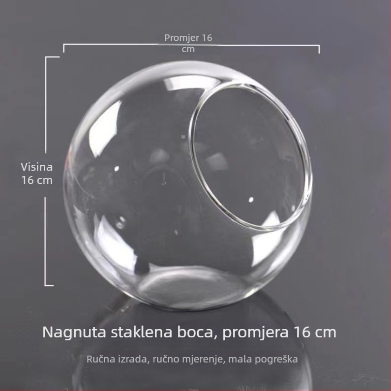 Prozirna okrugla staklena vaza s nagibnim otvorom, za mikro krajolik i hidroponsku izložbu sukulenata — kućni dekor.
