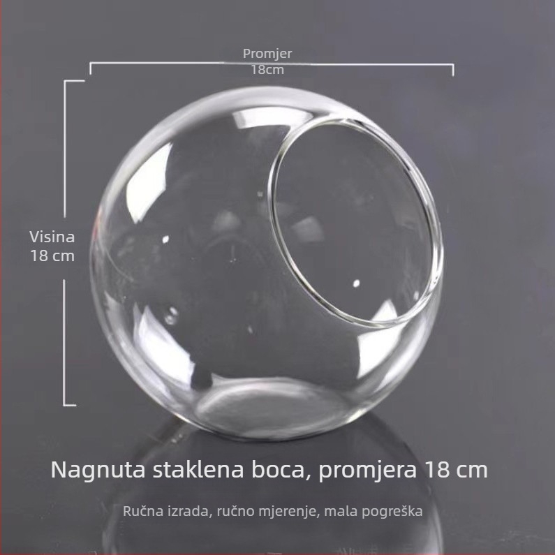 Prozirna okrugla staklena vaza s nagibnim otvorom, za mikro krajolik i hidroponsku izložbu sukulenata — kućni dekor.