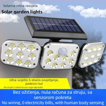 Solarna zidna svjetiljka s tri glave, podesivim kutovima, vanjski dvorišni senzor pokreta, vodootporna