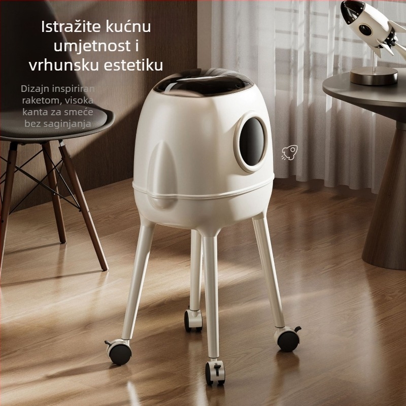 Kućni otpadni koš u obliku rakete, poboljšana verzija, kapacitet 12 L, ovalni oblik, s kotačićima, za kupaonicu i spavaću sobu