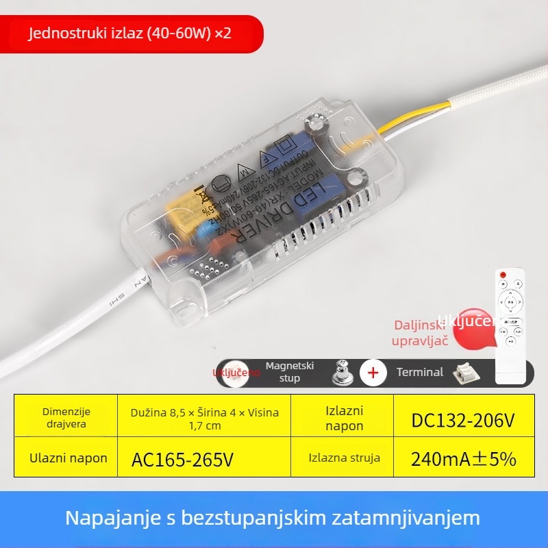 LED plafonsko svjetlo s napajanjem s neprekidnim dimovanjem, daljinski upravljač, konstantan izlaz, pretvarač, trobojni segmentirani balast
