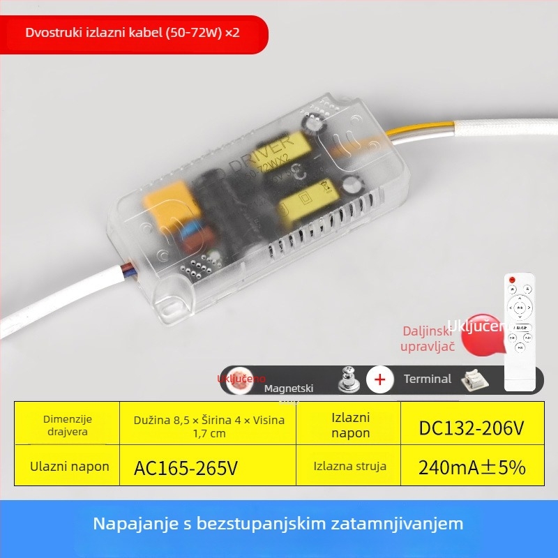 LED plafonsko svjetlo s napajanjem s neprekidnim dimovanjem, daljinski upravljač, konstantan izlaz, pretvarač, trobojni segmentirani balast