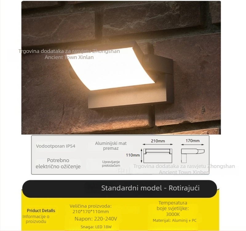 LED vanjska zidna svjetiljka sa senzorom, vodootporna, rotirajuća, za vrt, balkon i dvorište