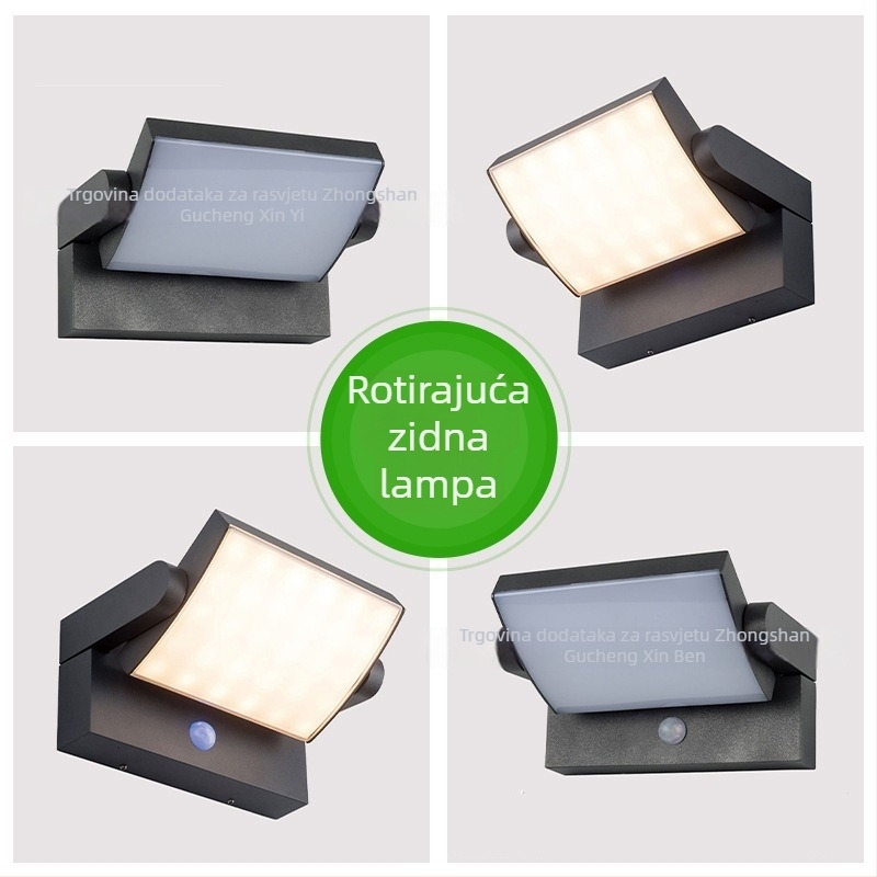 LED vanjska zidna svjetiljka sa senzorom, vodootporna, rotirajuća, za vrt, balkon i dvorište