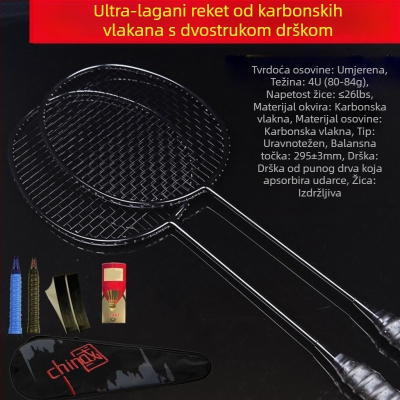 Raketa za badminton od punih karbonskih vlakana, izuzetno lagana, 5U, za odrasle muškarce i žene, pojedinačno i dvostruko, ofenzivna profesionalna klasa.