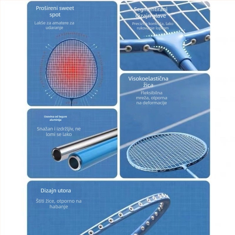 Set od dviju badminton raketa za trening, ultralakih, profesionalne kvalitete, za odrasle i učenike