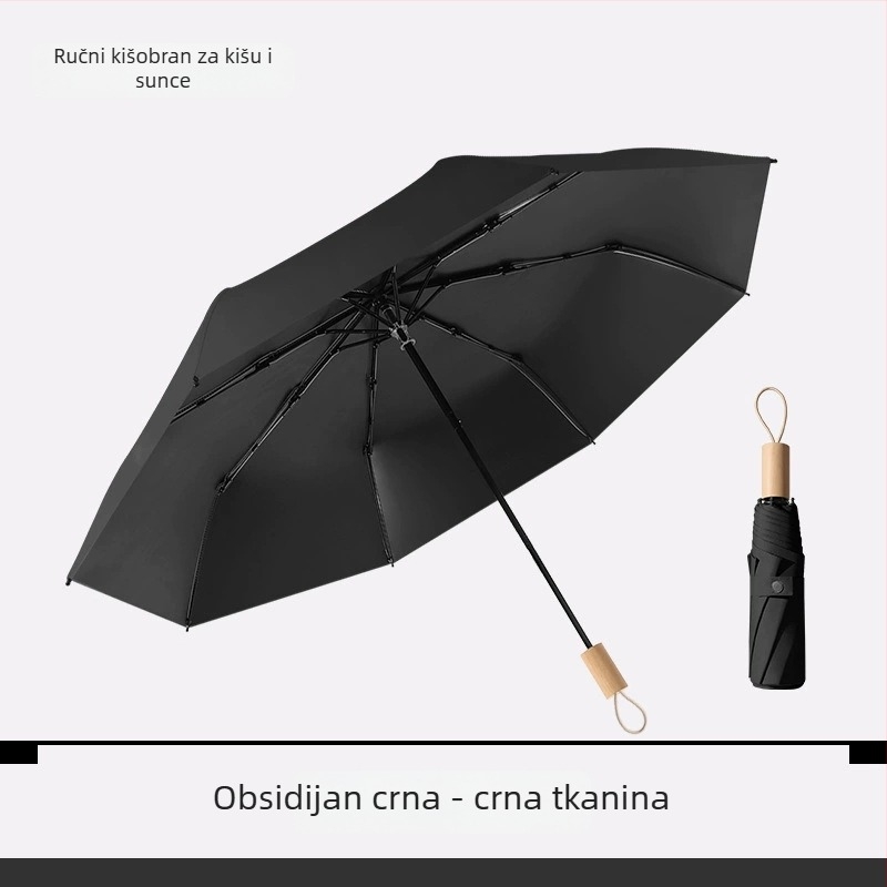 Sklopivi ženski mini kišobran crne vinilne boje, jednobojan, dvostruka namjena – sunce i kiša, automatski kišobran s prilagođenim logotipom