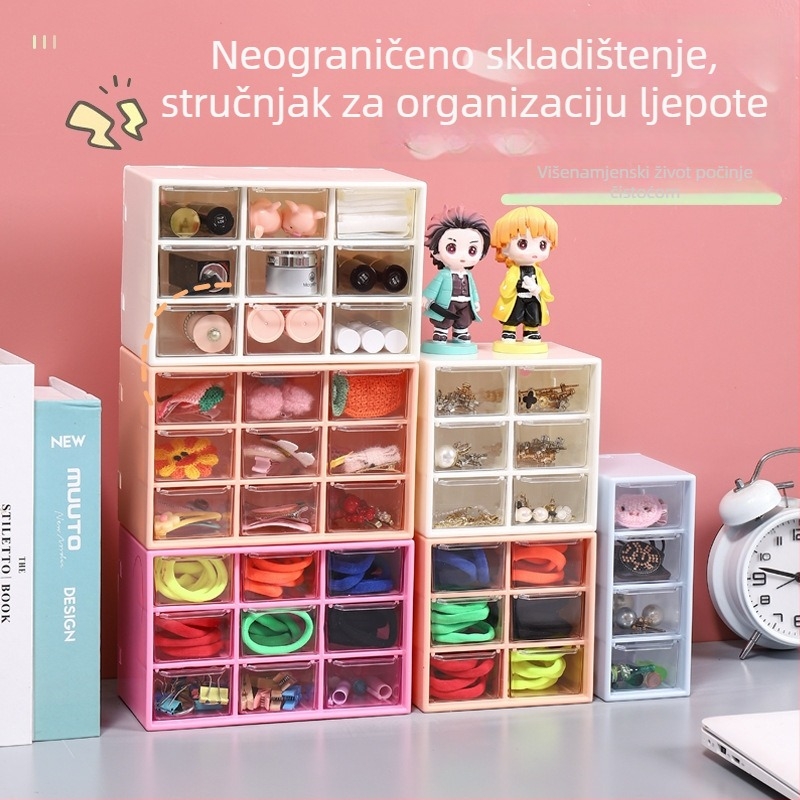 Mini stolni organizator s devet odjeljaka, proziran organizator nakita i prostor za perlice te potrepštine za planiranje