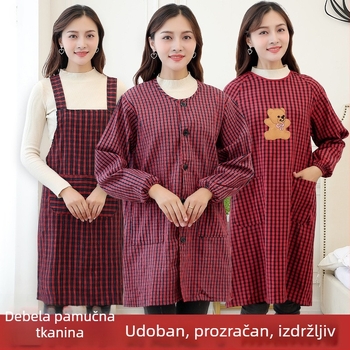 Ženska kuhinjska pregača s dugim rukavima, 100% pamuk, debeli materijal, obostrano nošenje, otporan na ulja, karirani uzorak