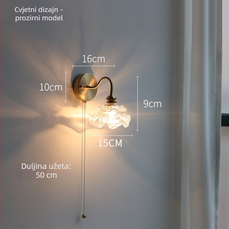Zidna lampa uz kreveta, japanskog stila od bakra, Zen inspirirana za spavaću sobu i dnevni boravak, s lancem prekidačem